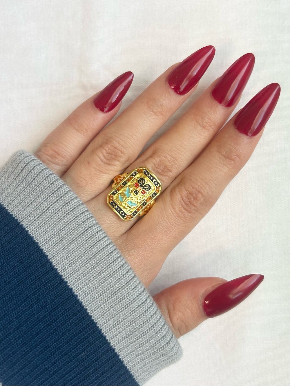 Gold Tone Vintage Inspired Luxury Enamel Orchid Ring